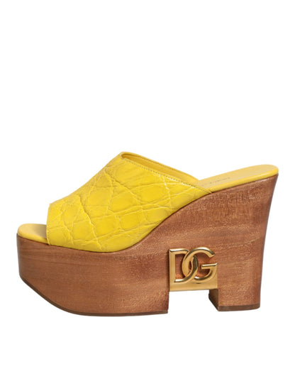 Dolce & Gabbana Yellow Leather Wood Mule Wedge Slides Shoes by Dolce & Gabbana