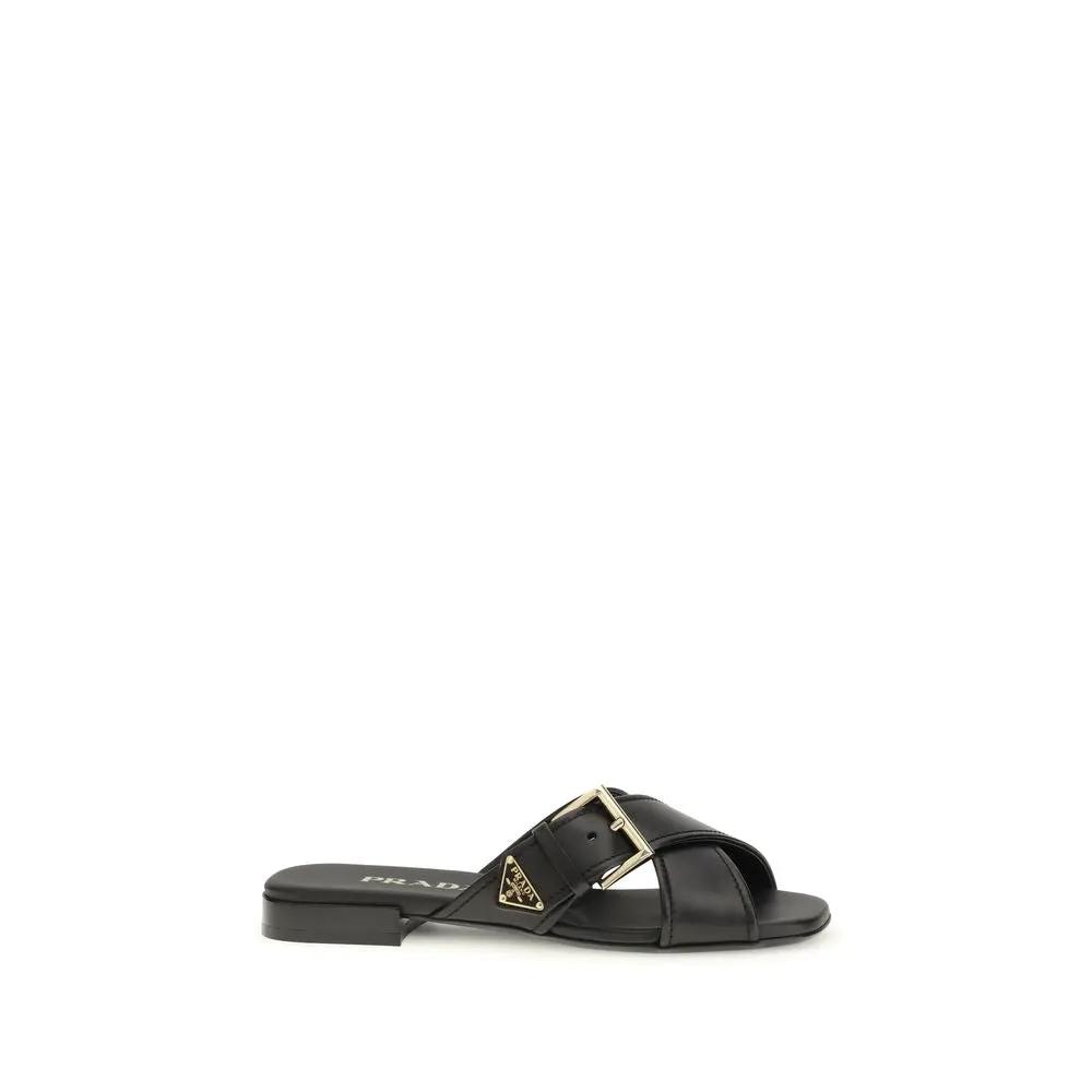 Prada Black Calf Leather Bos Taurus Flat Sandals by Prada