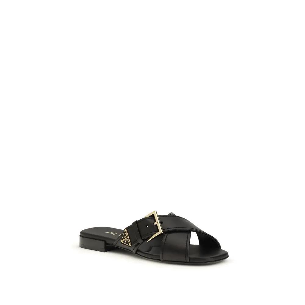 Prada Black Calf Leather Bos Taurus Flat Sandals by Prada