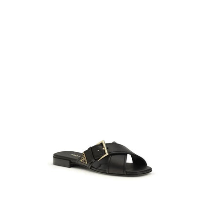 Prada Black Calf Leather Bos Taurus Flat Sandals by Prada