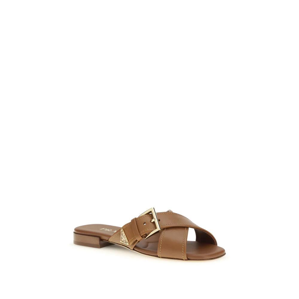 Prada Brown Calf Leather Bos Taurus Flat Sandals by Prada