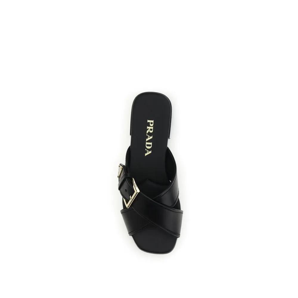 Prada Black Calf Leather Bos Taurus Flat Sandals by Prada