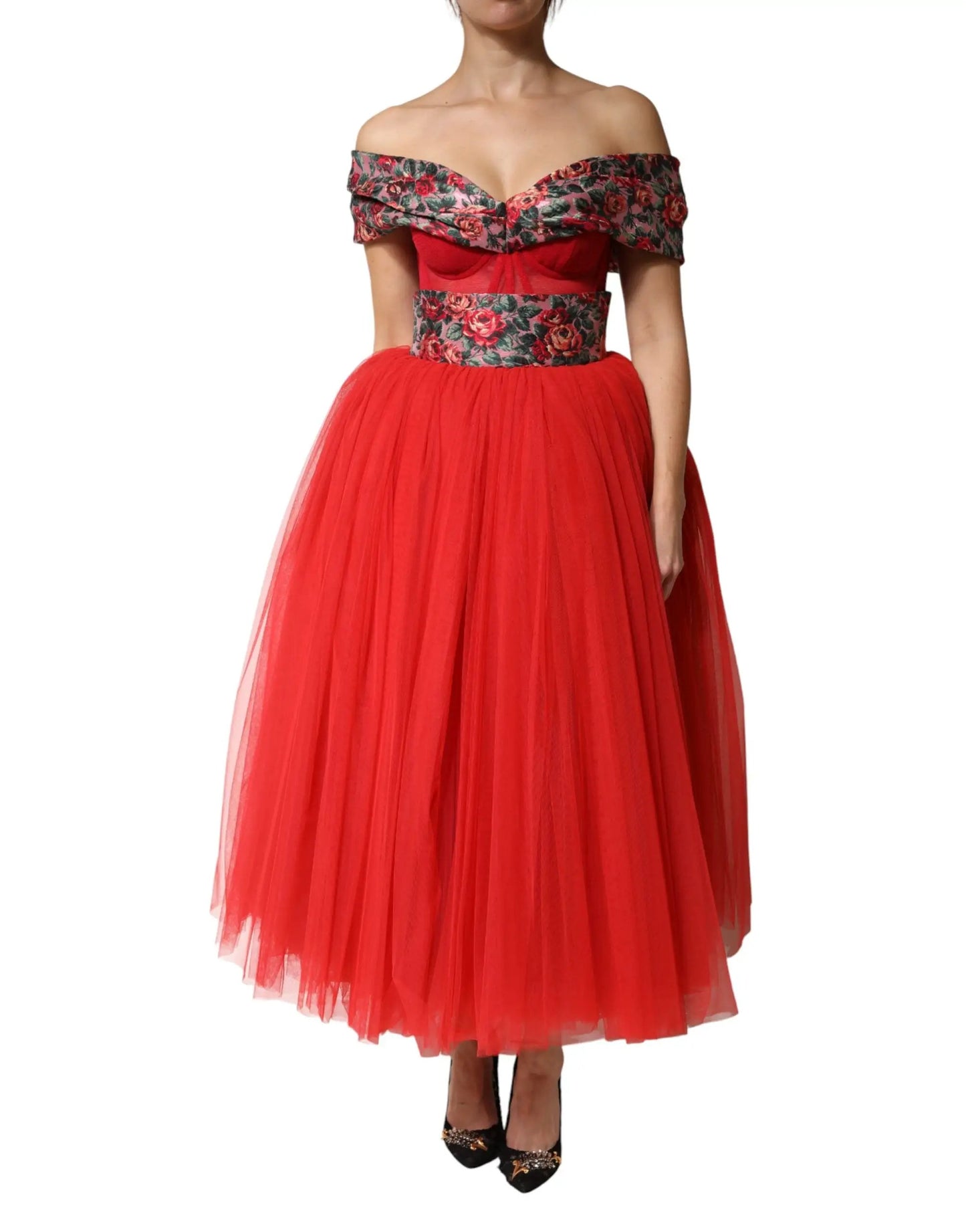 Dolce & Gabbana Red Floral Off Shoulder A-line Gown Dress by Dolce & Gabbana