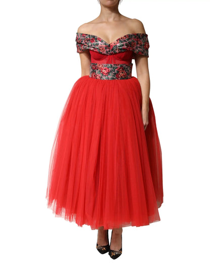 Dolce & Gabbana Red Floral Off Shoulder A-line Gown Dress by Dolce & Gabbana