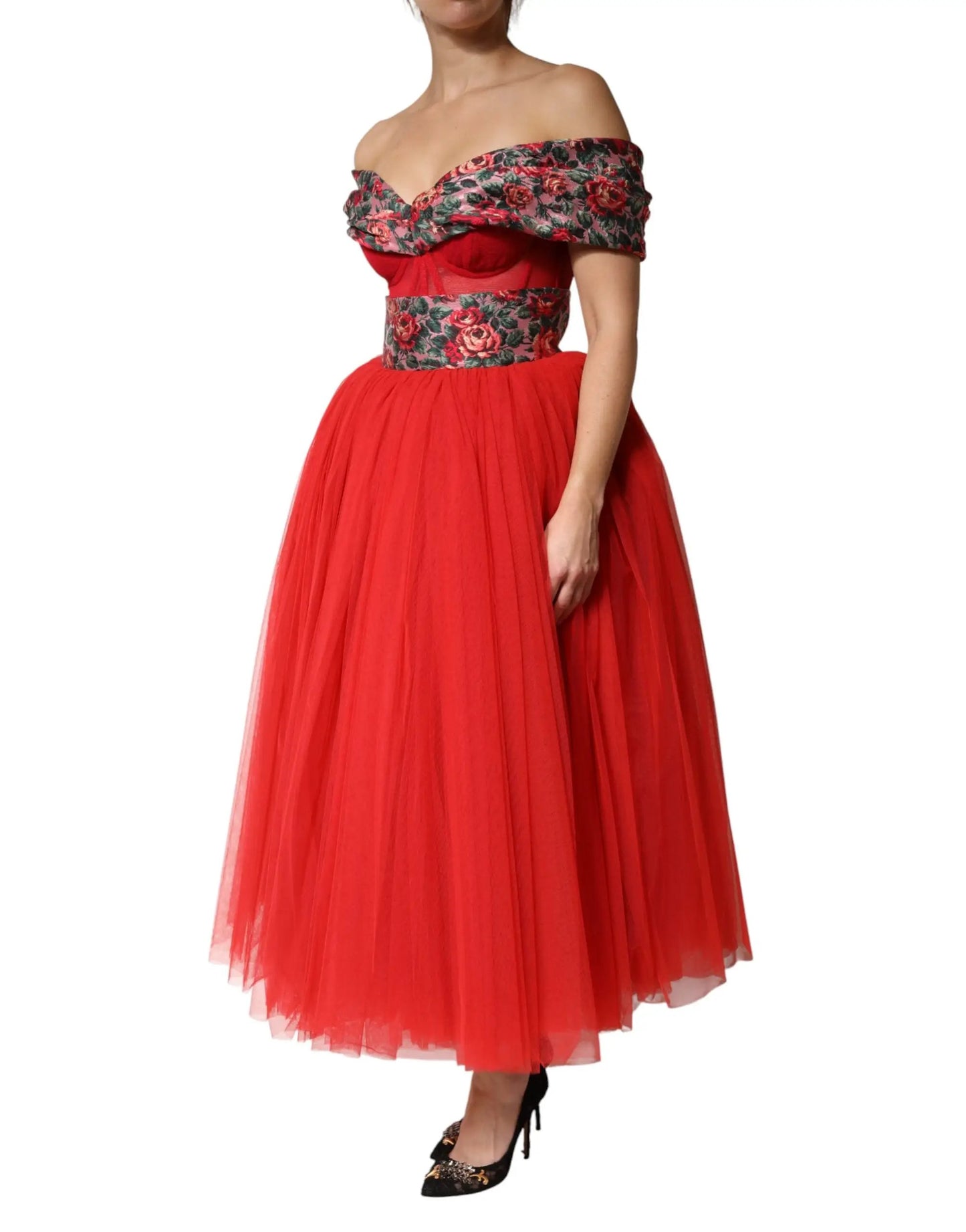 Dolce & Gabbana Red Floral Off Shoulder A-line Gown Dress by Dolce & Gabbana