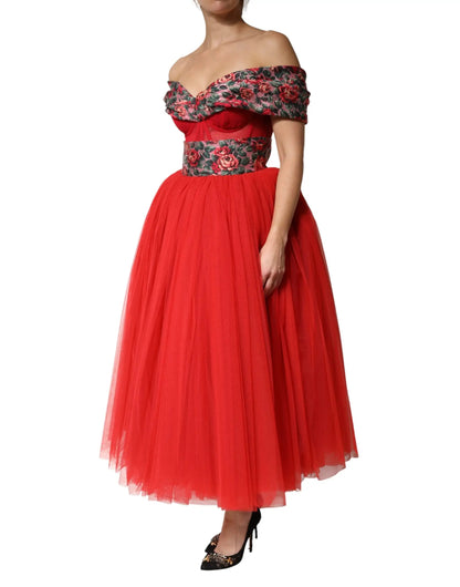 Dolce & Gabbana Red Floral Off Shoulder A-line Gown Dress by Dolce & Gabbana