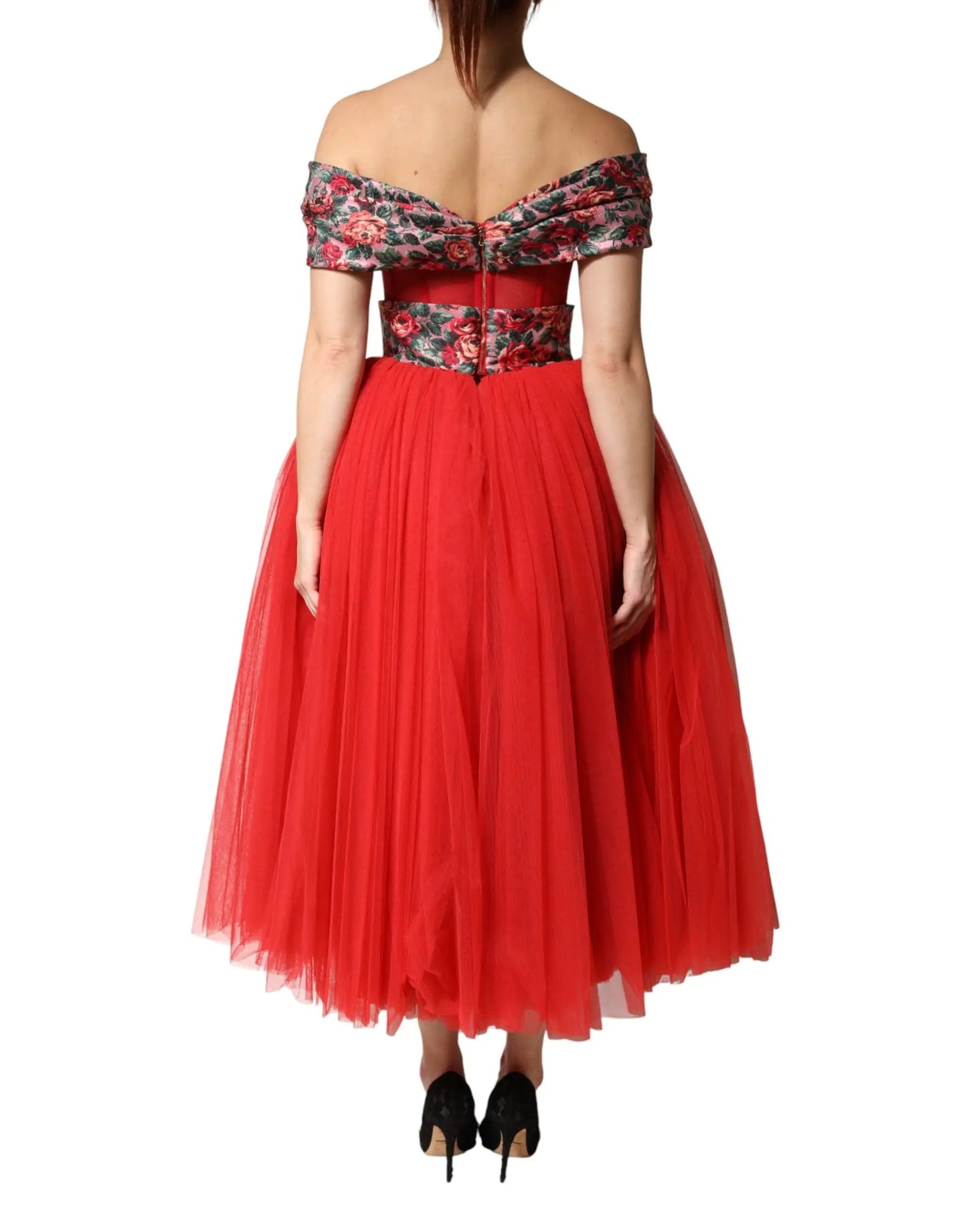 Dolce & Gabbana Red Floral Off Shoulder A-line Gown Dress by Dolce & Gabbana