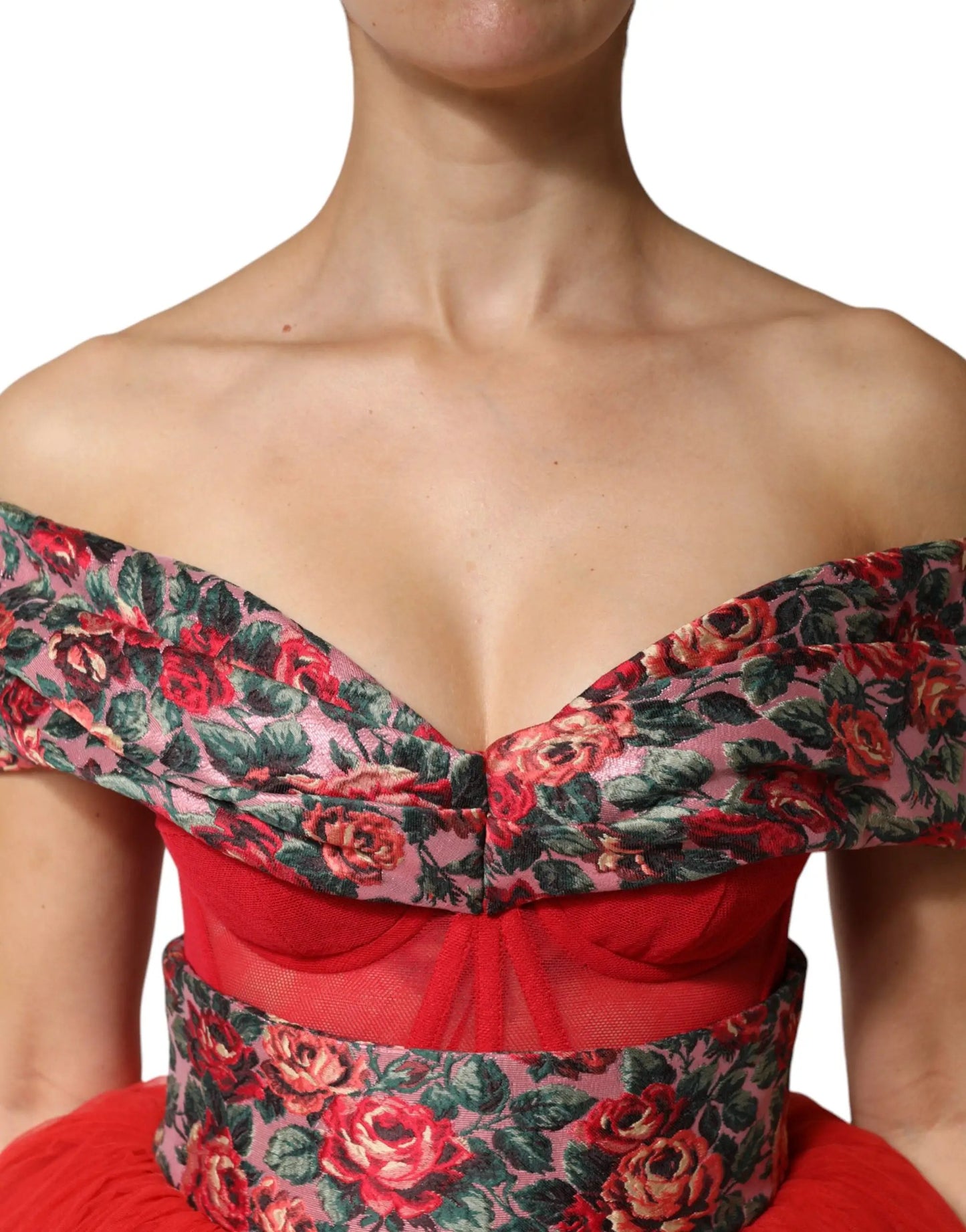 Dolce & Gabbana Red Floral Off Shoulder A-line Gown Dress by Dolce & Gabbana