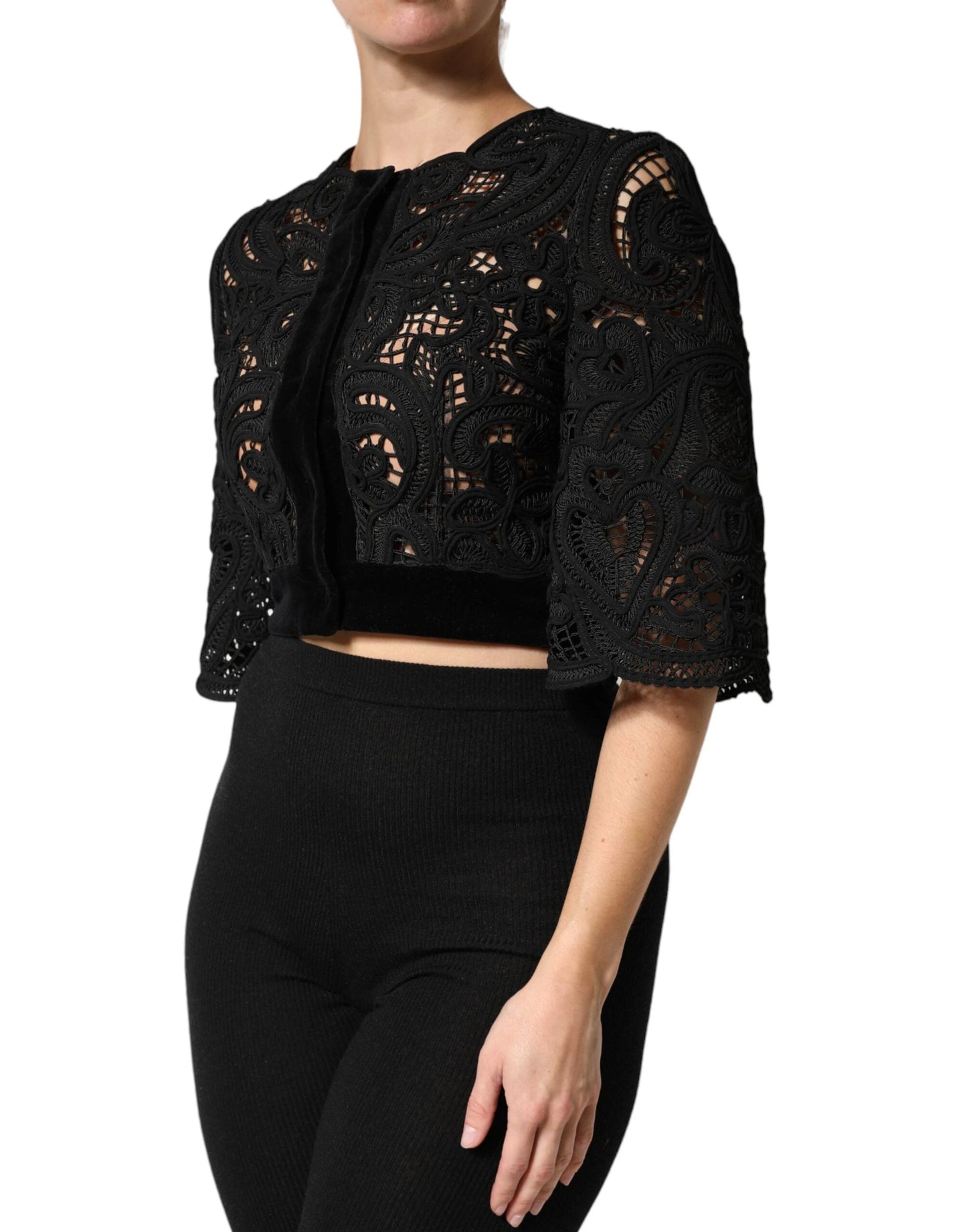 Dolce & Gabbana Black Floral Lace Cropped Coat Jacket by Dolce & Gabbana