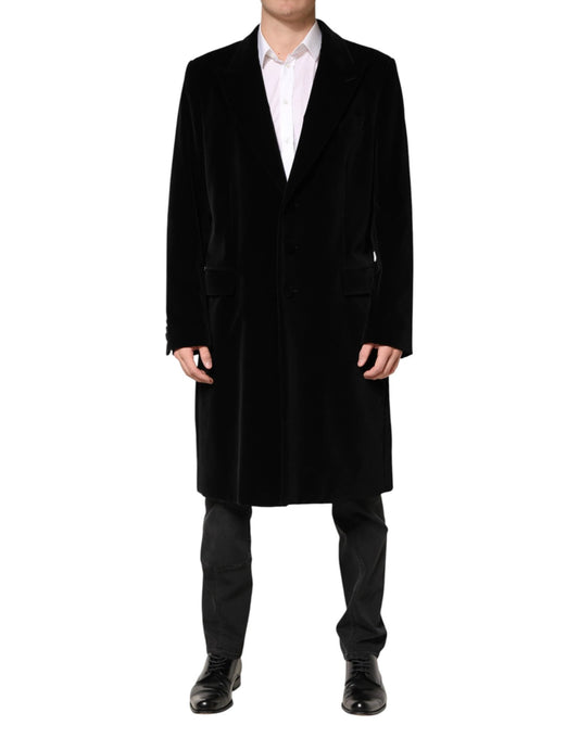 Dolce & Gabbana Black Cotton Velvet Long Trench Coat Jacket by Dolce & Gabbana