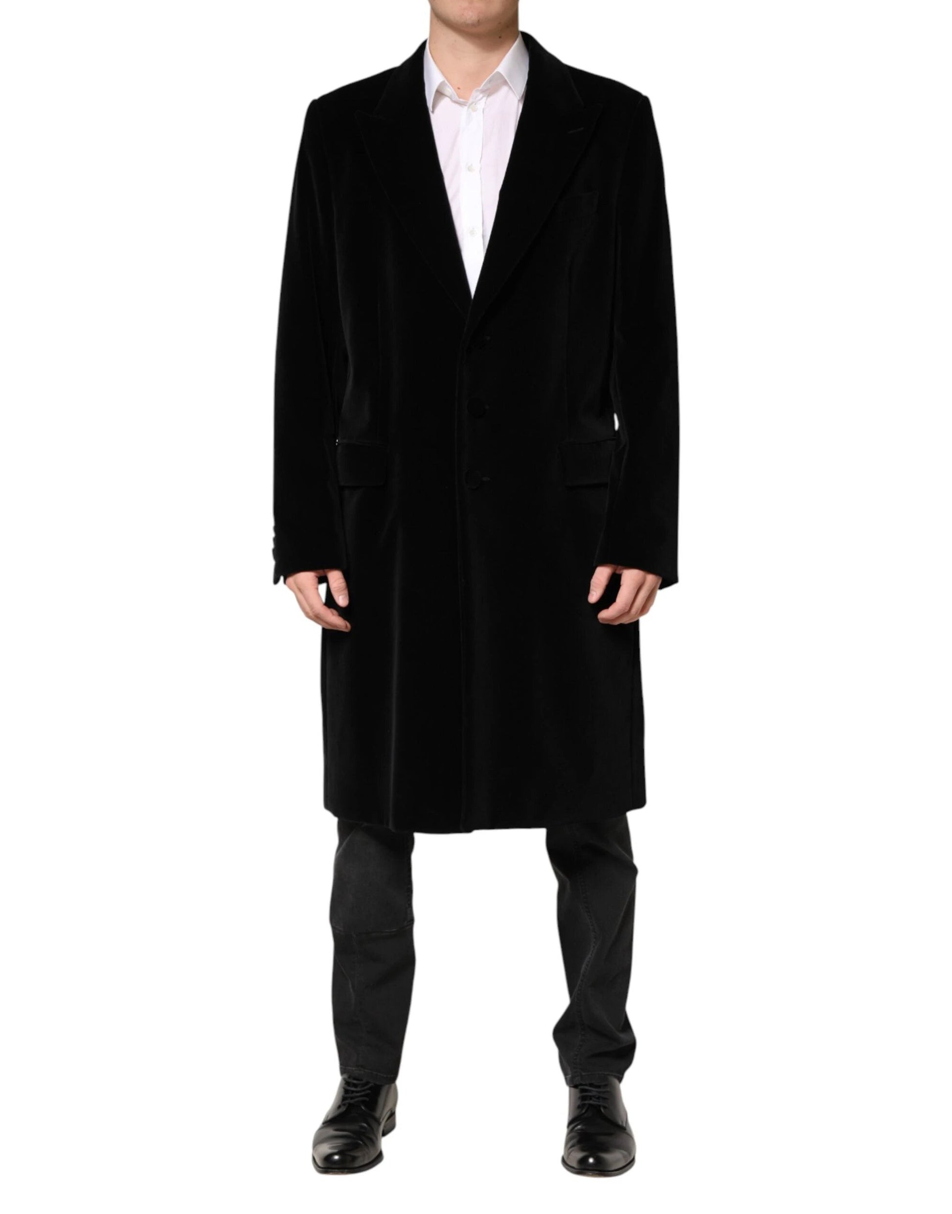 Dolce & Gabbana Black Cotton Velvet Long Trench Coat Jacket by Dolce & Gabbana