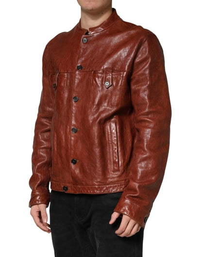 Dolce & Gabbana Brown Leather Button Down Men Biker Jacket