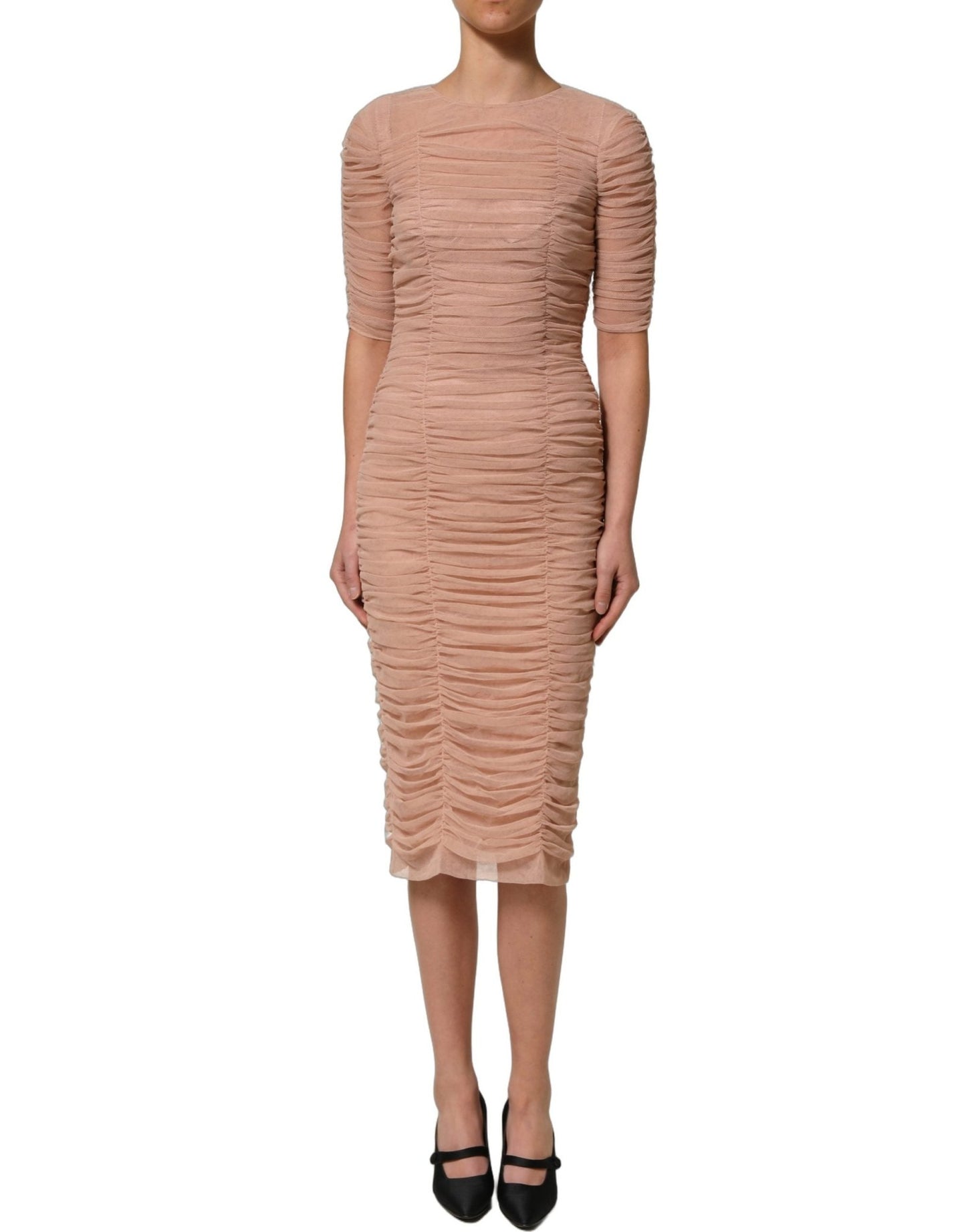 Dolce & Gabbana Beige Cotton Mesh Ruched Sheath Midi Dress - HBPS Beauty & Fashion