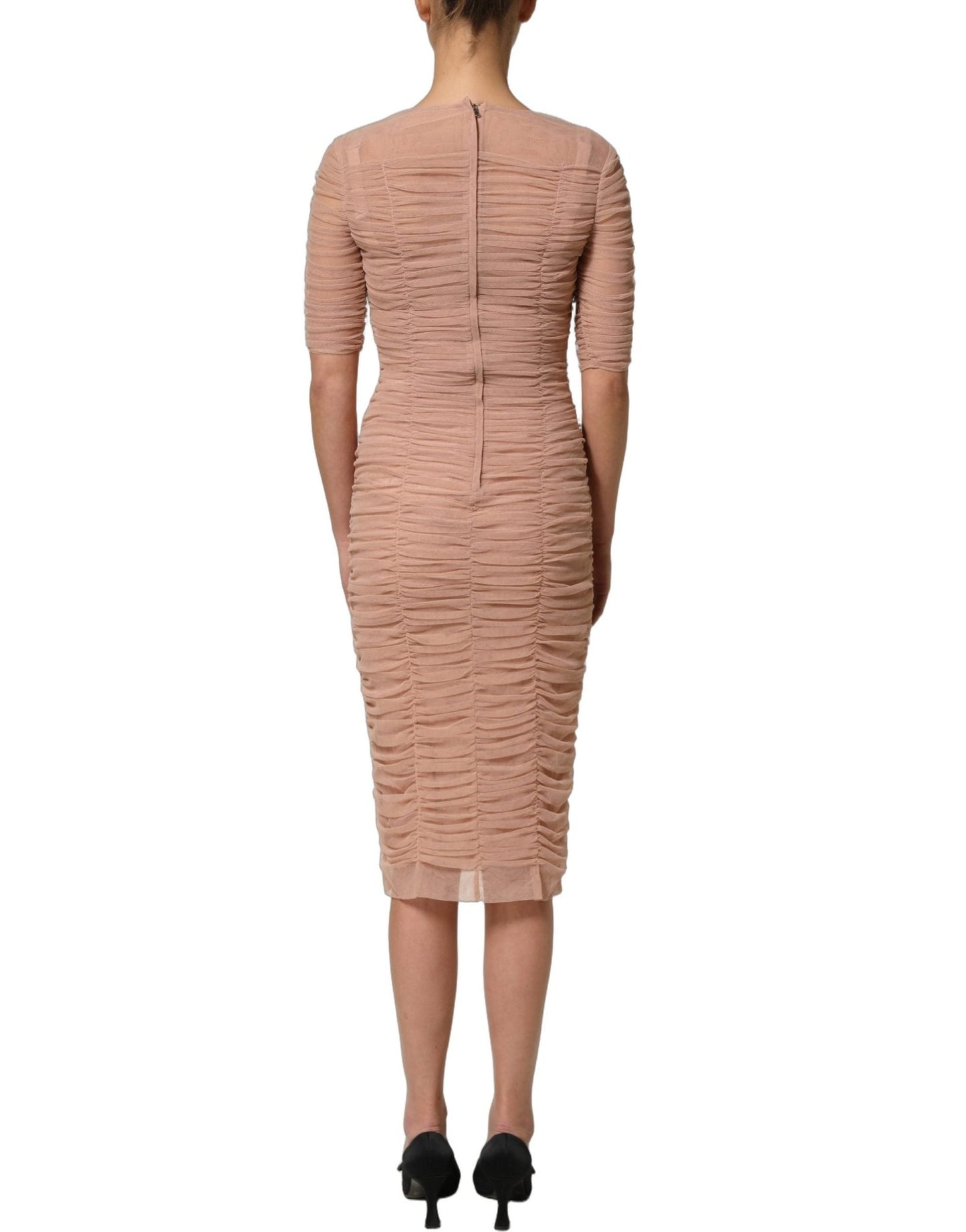 Dolce & Gabbana Beige Cotton Mesh Ruched Sheath Midi Dress - HBPS Beauty & Fashion