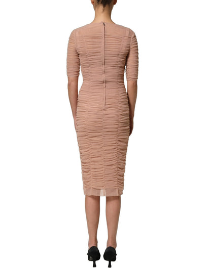 Dolce & Gabbana Beige Cotton Mesh Ruched Sheath Midi Dress - HBPS Beauty & Fashion