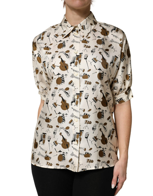 Dolce & Gabbana Beige Musical Instrument Print Short Sleeve Top - HBPS Beauty & Fashion