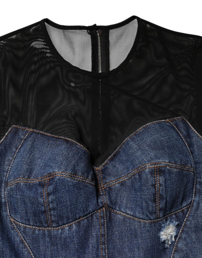 Dolce & Gabbana Black Blue Long Sleeves Denim Mini Dress - HBPS Beauty & Fashion