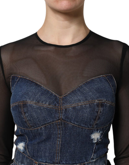 Dolce & Gabbana Black Blue Long Sleeves Denim Mini Dress - HBPS Beauty & Fashion