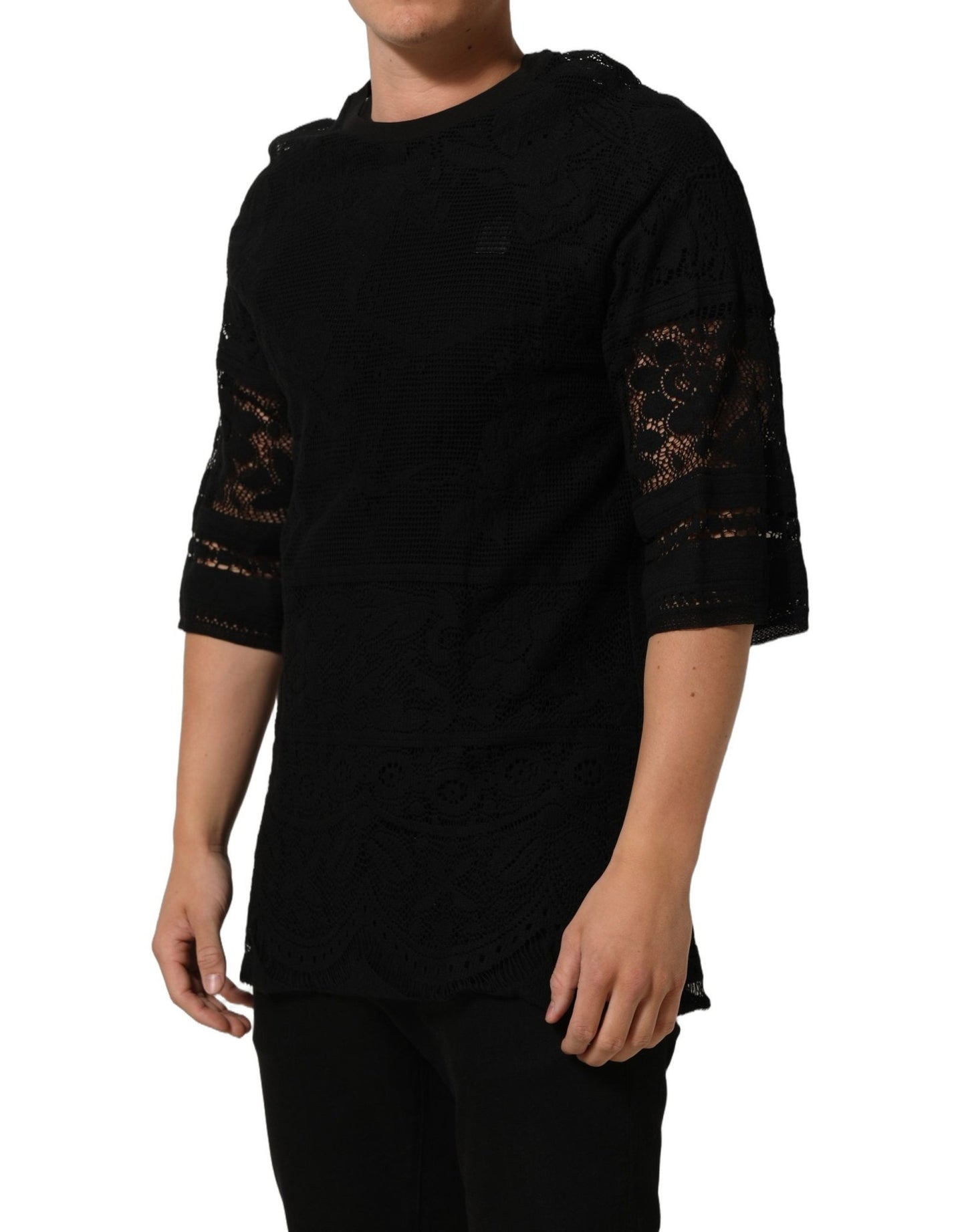 Dolce & Gabbana Black Cotton Floral Lace Crew Neck T-shirt - HBPS Beauty & Fashion