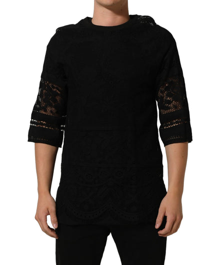 Dolce & Gabbana Black Cotton Floral Lace Crew Neck T-shirt - HBPS Beauty & Fashion