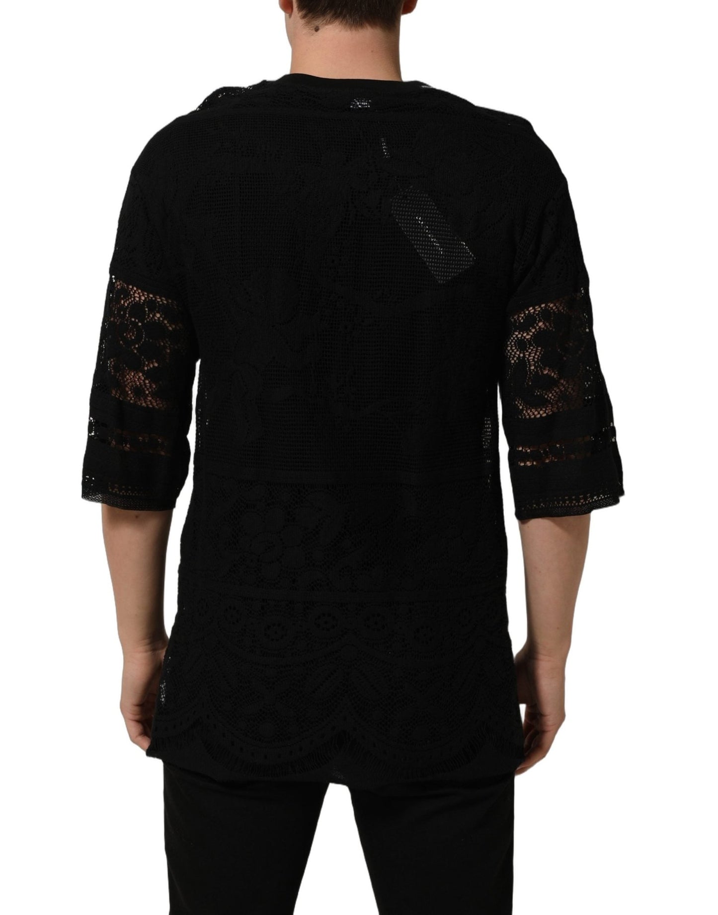 Dolce & Gabbana Black Cotton Floral Lace Crew Neck T-shirt - HBPS Beauty & Fashion