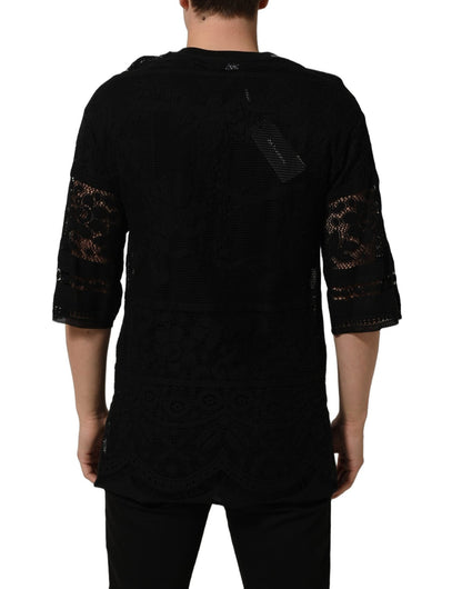 Dolce & Gabbana Black Cotton Floral Lace Crew Neck T-shirt - HBPS Beauty & Fashion