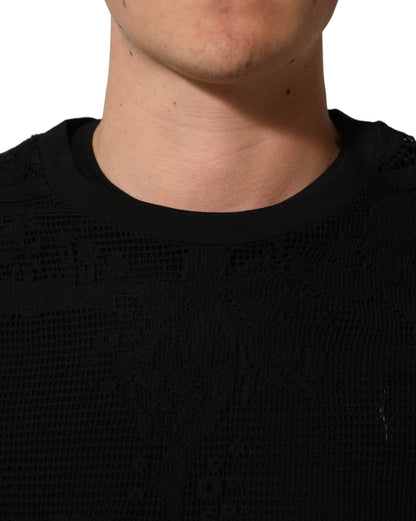 Dolce & Gabbana Black Cotton Floral Lace Crew Neck T-shirt - HBPS Beauty & Fashion