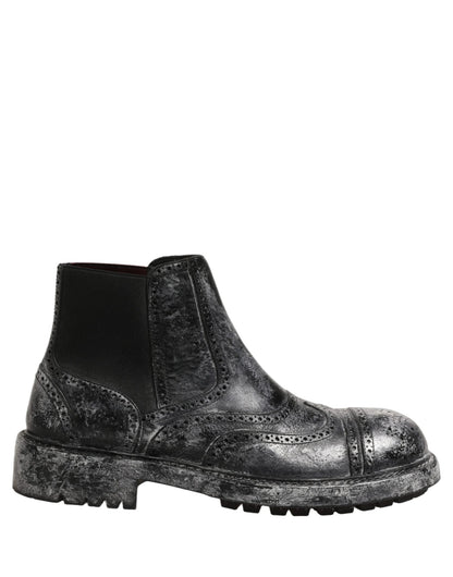 Dolce & Gabbana Black Gray Leather Ankle Chelsea Boots Shoes - HBPS Beauty & Fashion