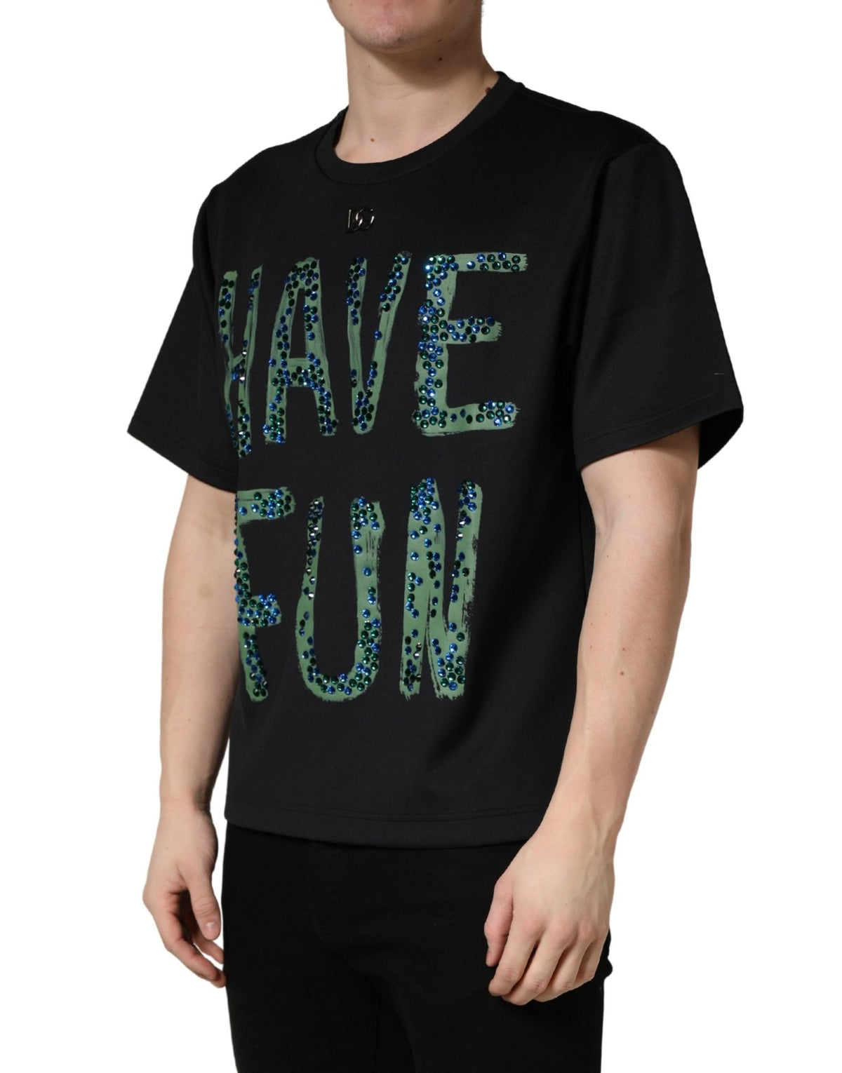 Dolce & Gabbana Black Have Fun Embellished Crew Neck T-shirt - HBPS Beauty & Fashion