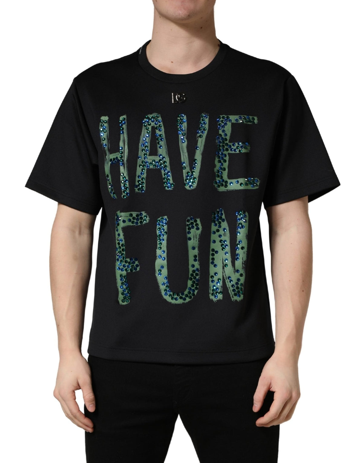 Dolce & Gabbana Black Have Fun Embellished Crew Neck T-shirt - HBPS Beauty & Fashion