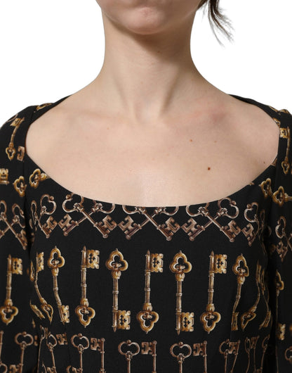 Dolce & Gabbana Black Key Print Long Sleeves Sheath Midi Dress - HBPS Beauty & Fashion