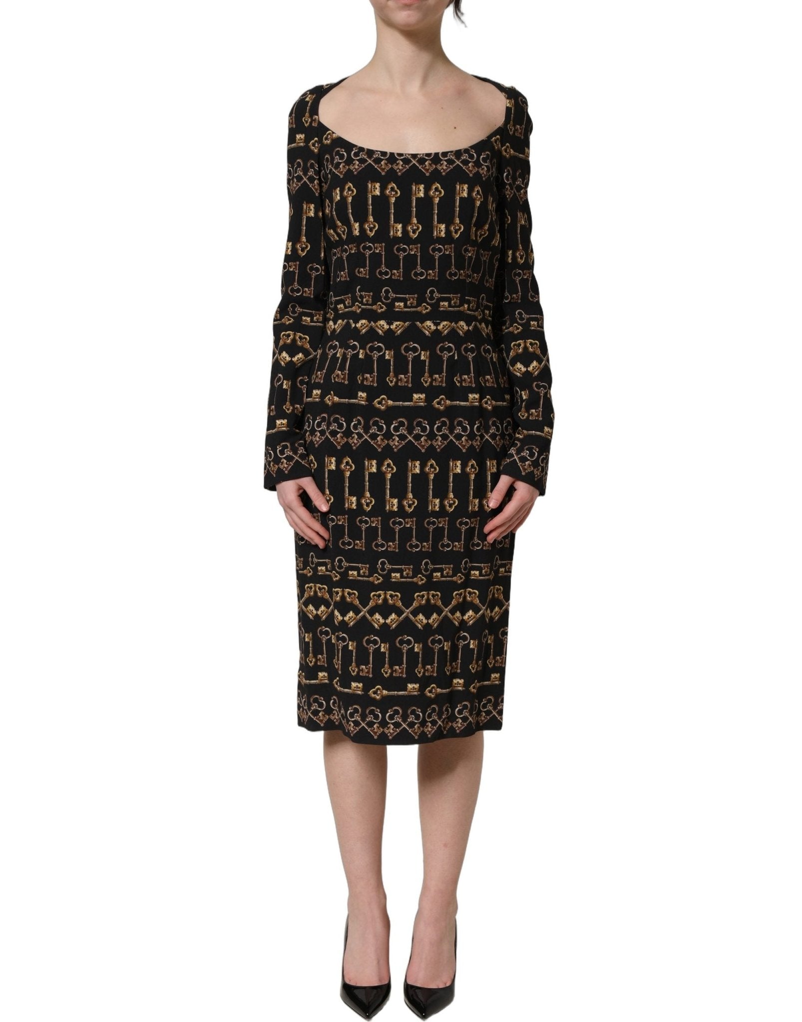 Dolce & Gabbana Black Key Print Long Sleeves Sheath Midi Dress - HBPS Beauty & Fashion