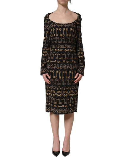 Dolce & Gabbana Black Key Print Long Sleeves Sheath Midi Dress - HBPS Beauty & Fashion