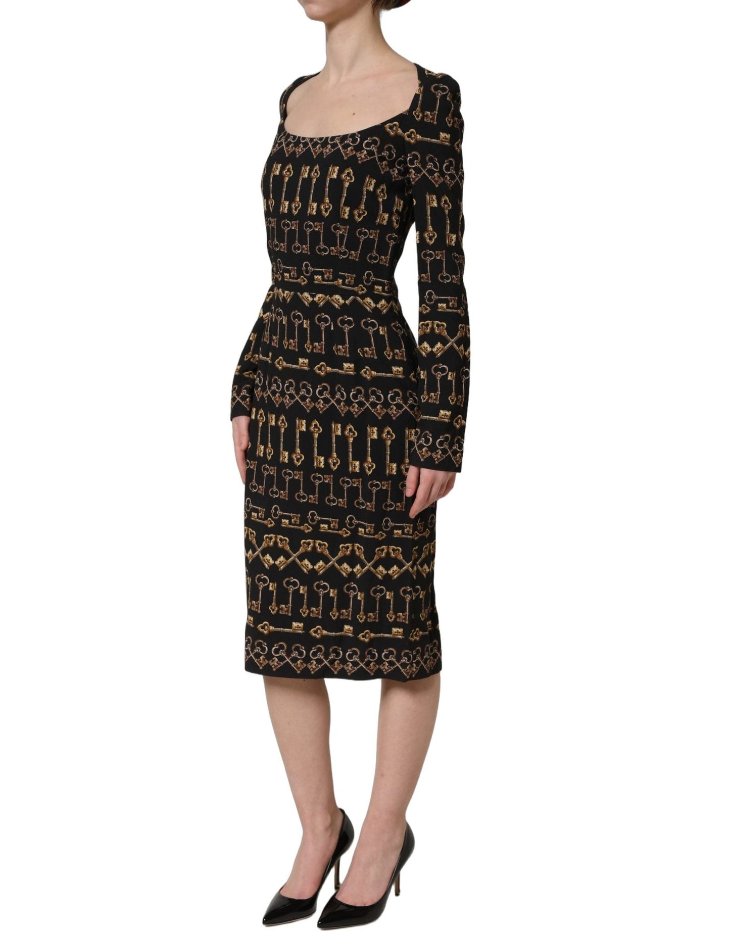 Dolce & Gabbana Black Key Print Long Sleeves Sheath Midi Dress - HBPS Beauty & Fashion