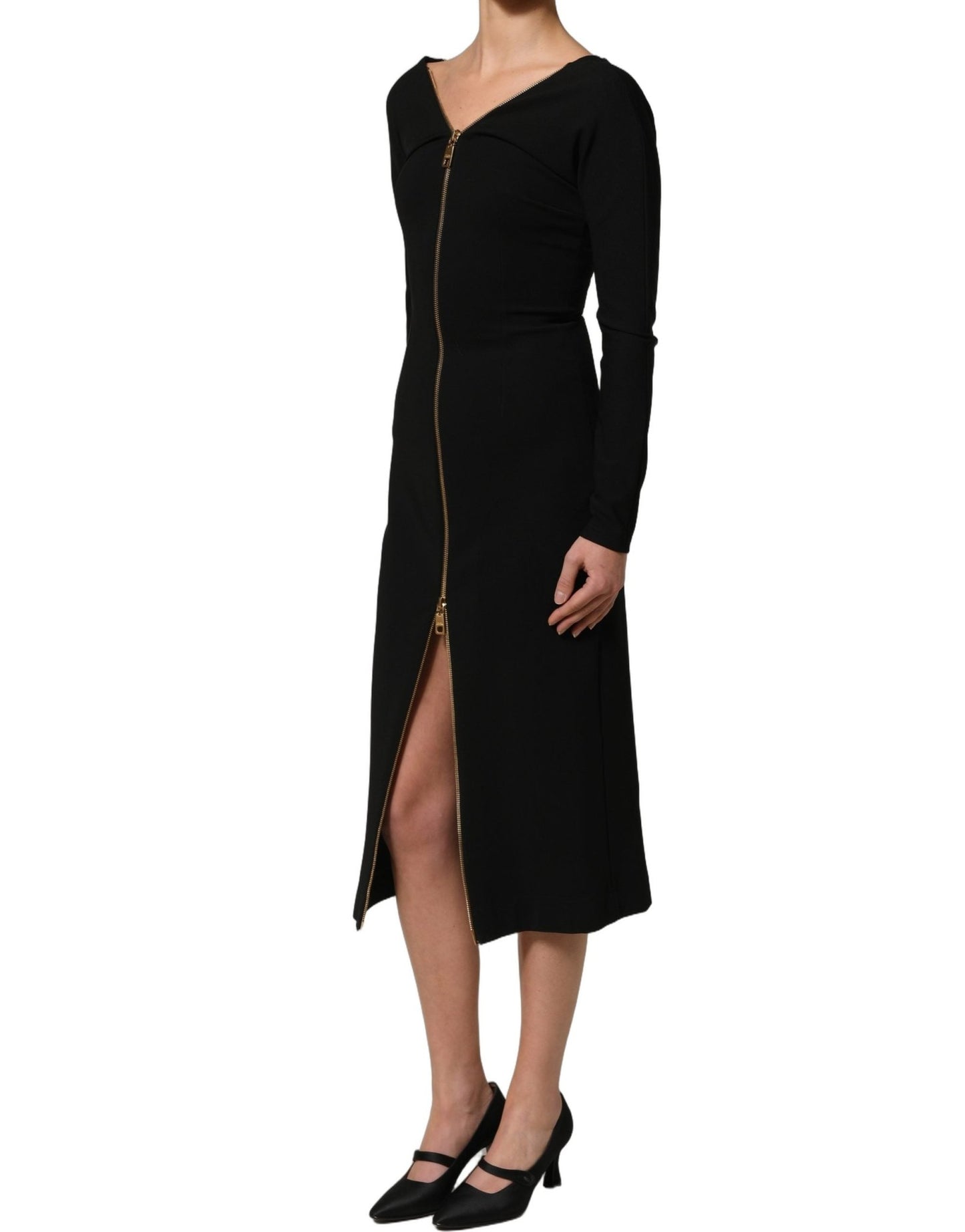 Dolce & Gabbana Black Long Sleeves Front Zipper Midi Dress - HBPS Beauty & Fashion