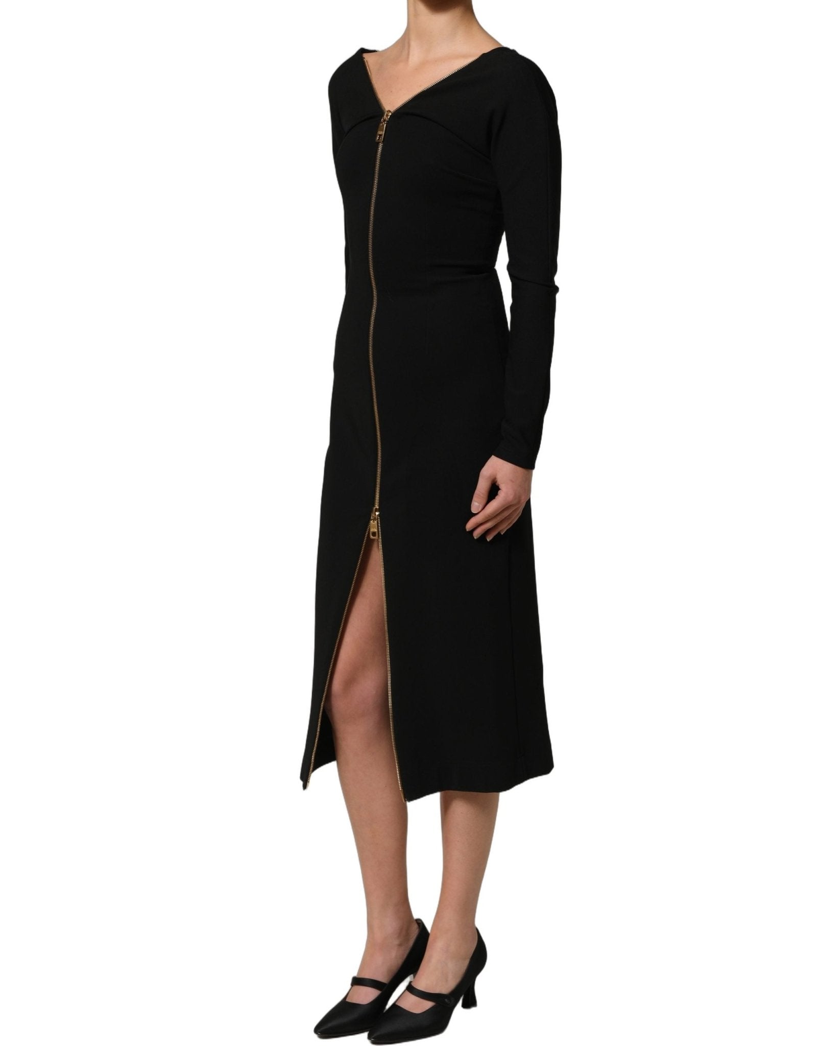 Dolce & Gabbana Black Long Sleeves Front Zipper Midi Dress - HBPS Beauty & Fashion