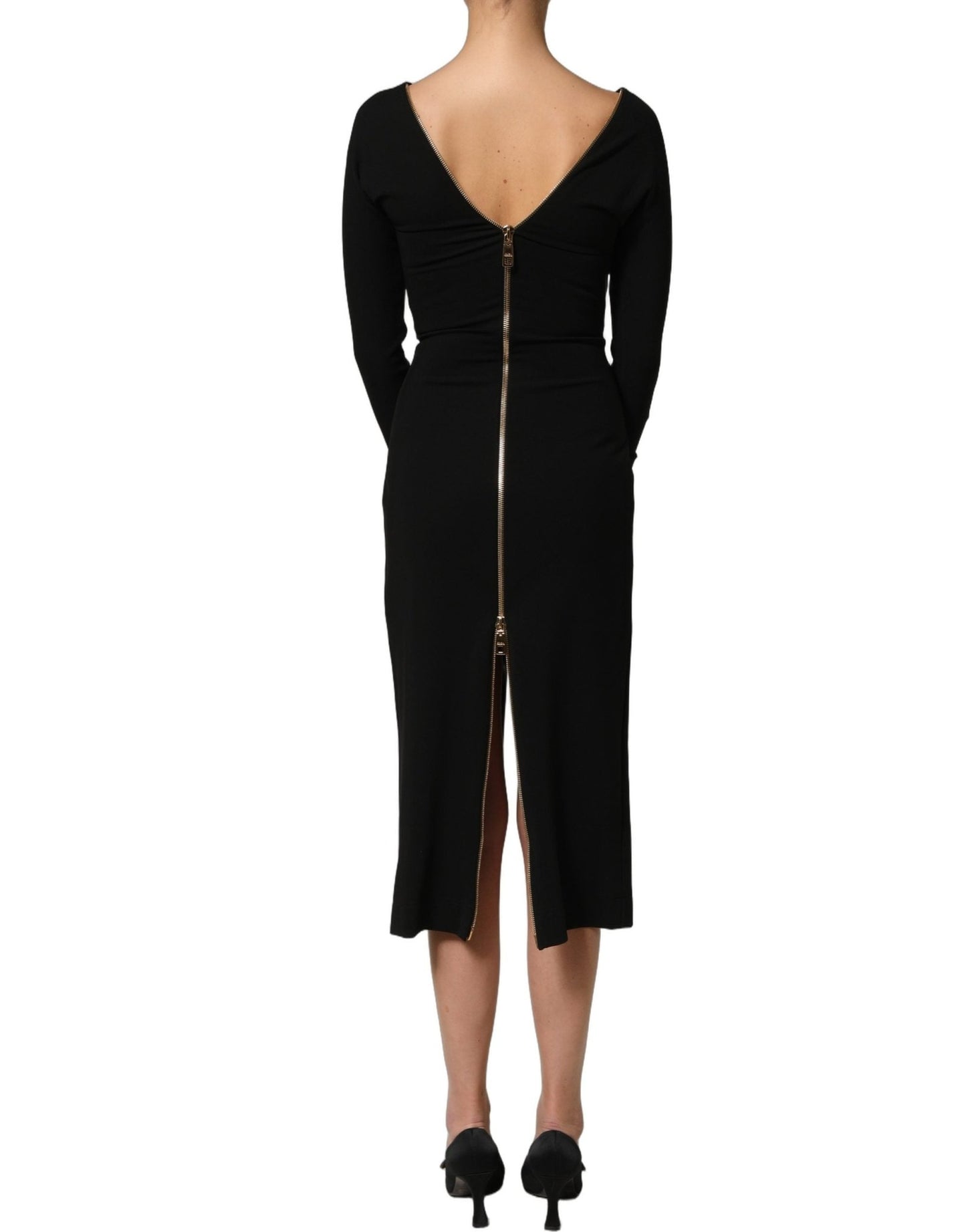 Dolce & Gabbana Black Long Sleeves Front Zipper Midi Dress - HBPS Beauty & Fashion