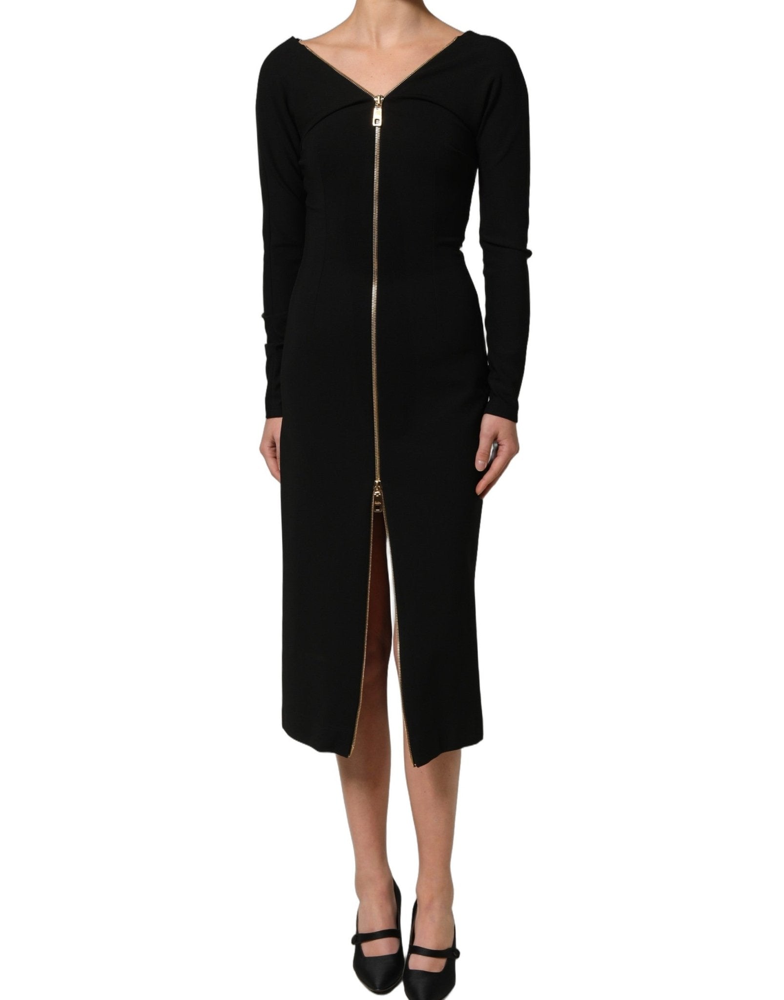 Dolce & Gabbana Black Long Sleeves Front Zipper Midi Dress - HBPS Beauty & Fashion