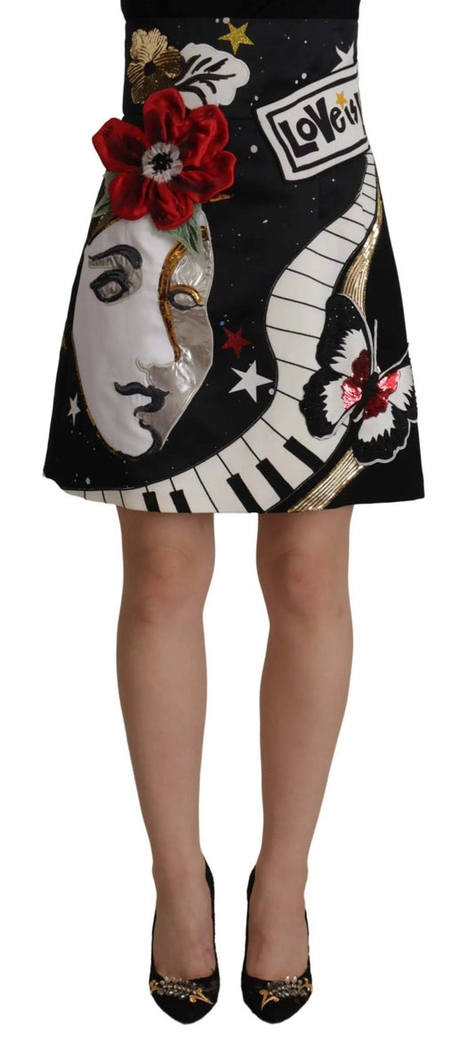 Dolce & Gabbana Black Love Clock Sequined Piano Skirt - HBPS Beauty & Fashion