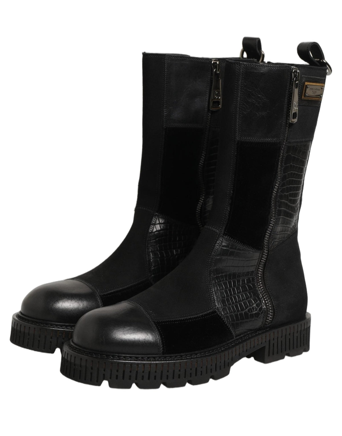 Dolce & Gabbana Black Patchwork Leather Mid Calf Boots Shoes - HBPS Beauty & Fashion
