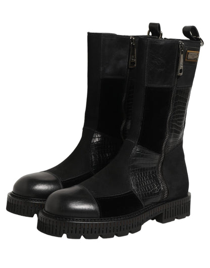 Dolce & Gabbana Black Patchwork Leather Mid Calf Boots Shoes - HBPS Beauty & Fashion