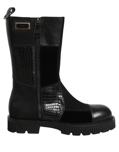Dolce & Gabbana Black Patchwork Leather Mid Calf Boots Shoes - HBPS Beauty & Fashion