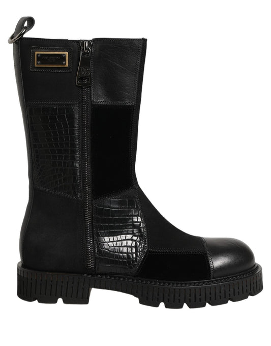 Dolce & Gabbana Black Patchwork Leather Mid Calf Boots Shoes - HBPS Beauty & Fashion