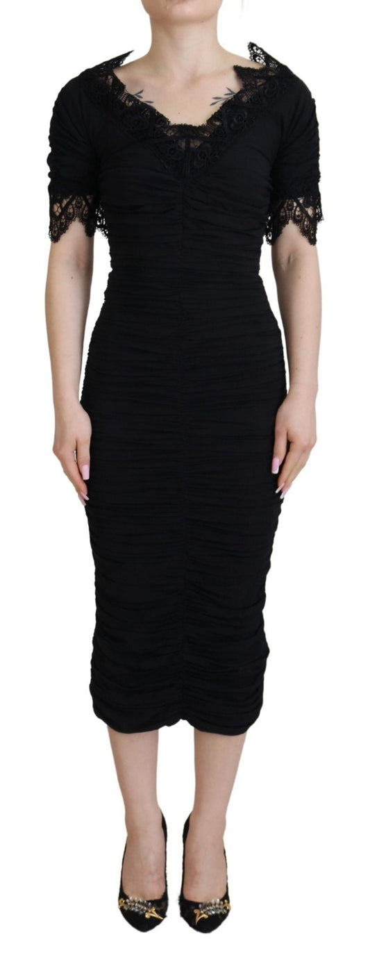 Dolce & Gabbana Black Sheath Midi Bodycon Lace Silk Dress - HBPS Beauty & Fashion