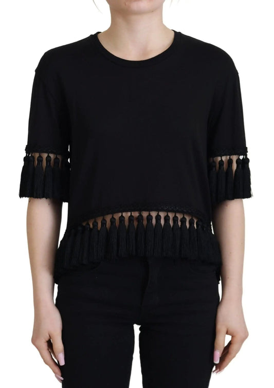 Dolce & Gabbana Black T-shirt Blouse Tassle Cotton Blouse - HBPS Beauty & Fashion