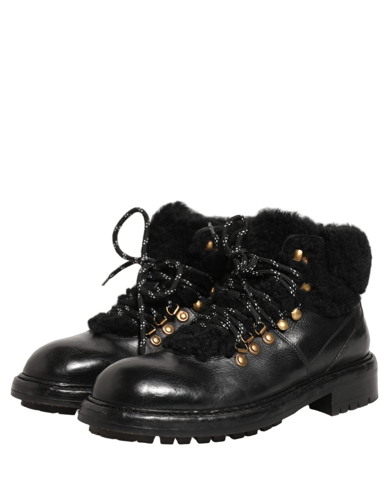 Dolce & Gabbana Black Trekking Fur Lace Leather Boots Shoes - HBPS Beauty & Fashion