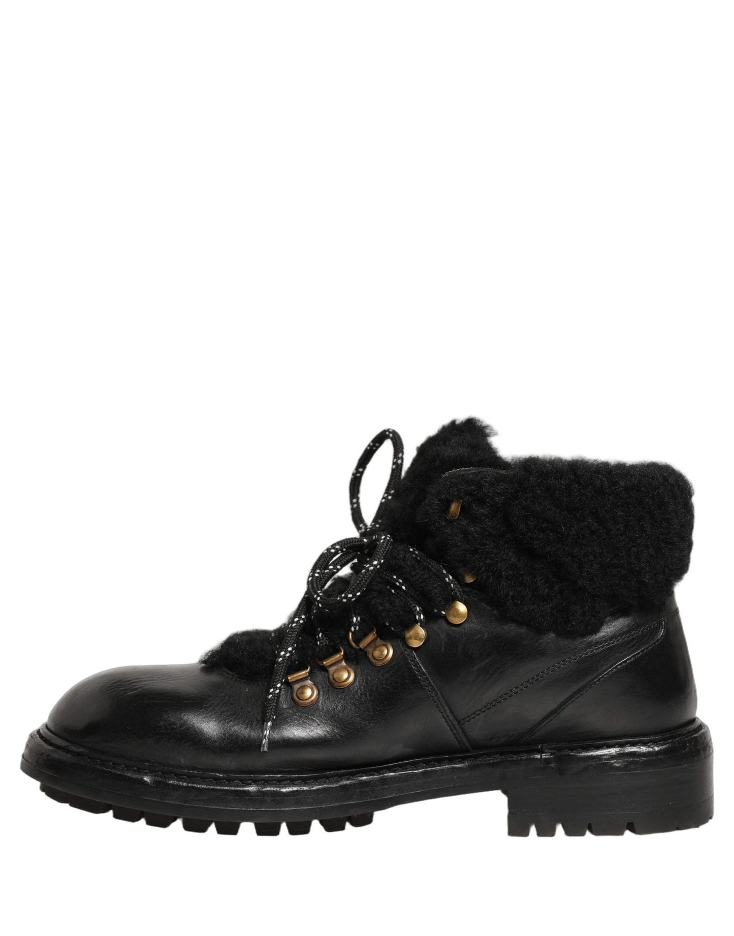 Dolce & Gabbana Black Trekking Fur Lace Leather Boots Shoes - HBPS Beauty & Fashion