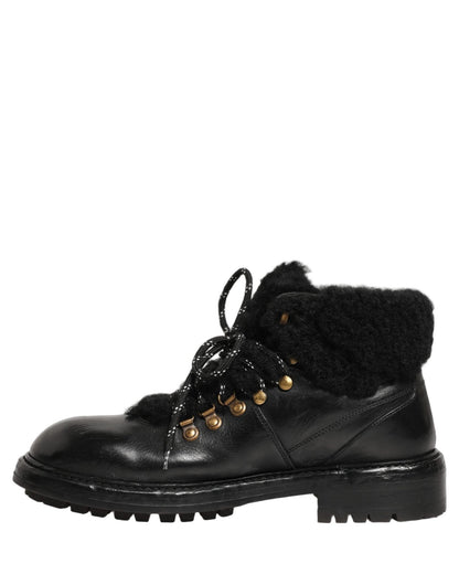 Dolce & Gabbana Black Trekking Fur Lace Leather Boots Shoes - HBPS Beauty & Fashion