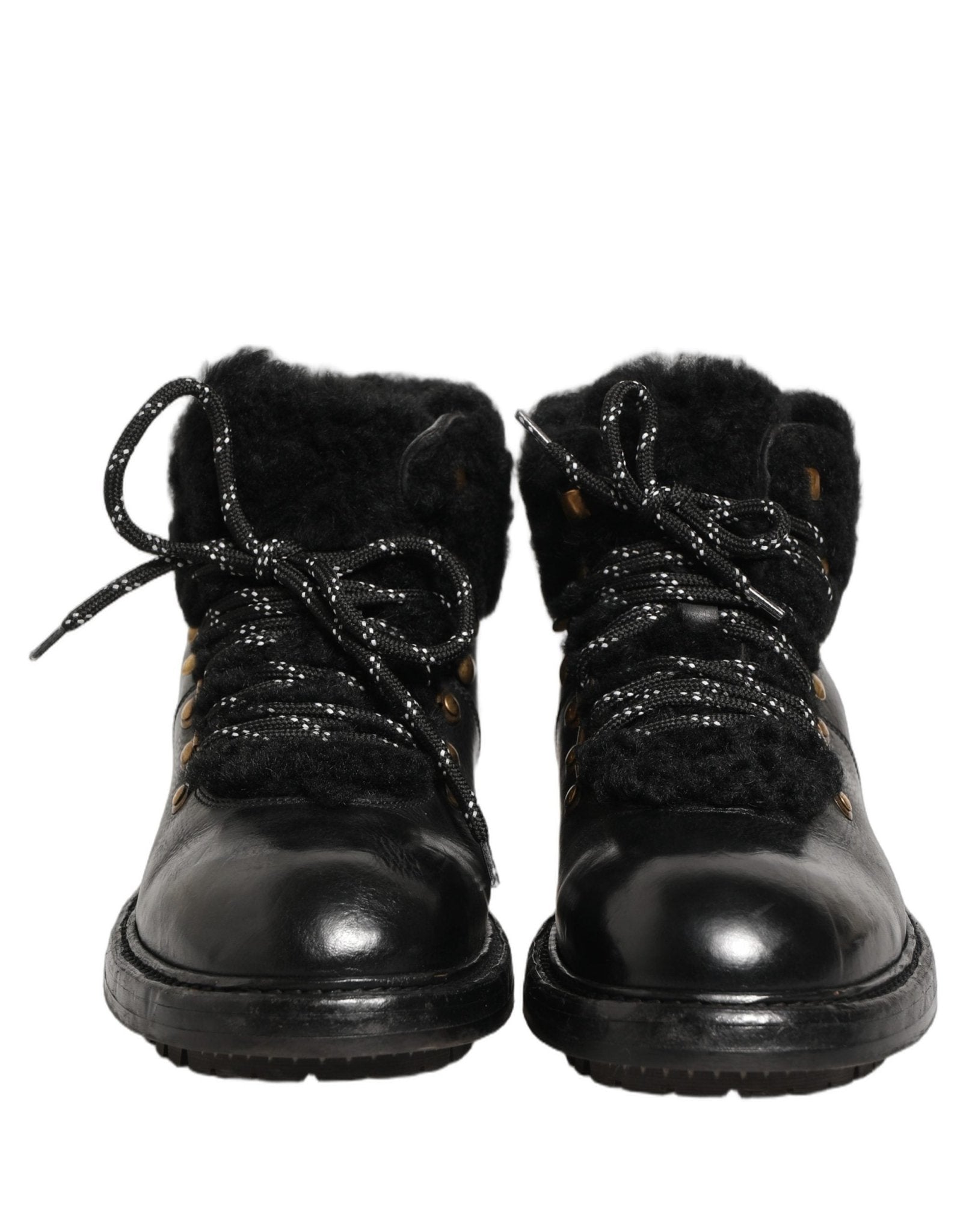 Dolce & Gabbana Black Trekking Fur Lace Leather Boots Shoes - HBPS Beauty & Fashion
