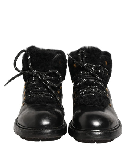 Dolce & Gabbana Black Trekking Fur Lace Leather Boots Shoes - HBPS Beauty & Fashion